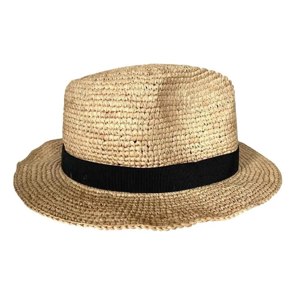 J Crew Womens Packable Straw Fedora Natural Raffia Black Band Hat S/M